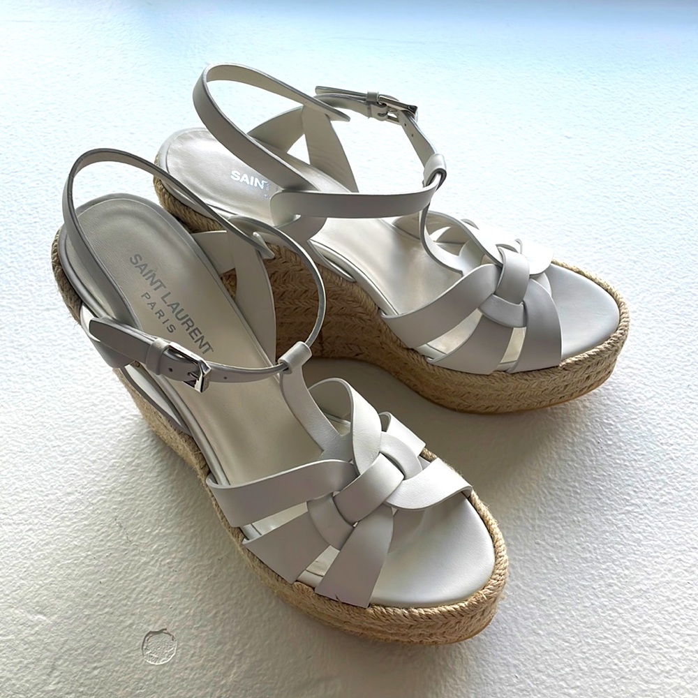 Saint Laurent White Leather Tribute Espadrille Wedge Sandals